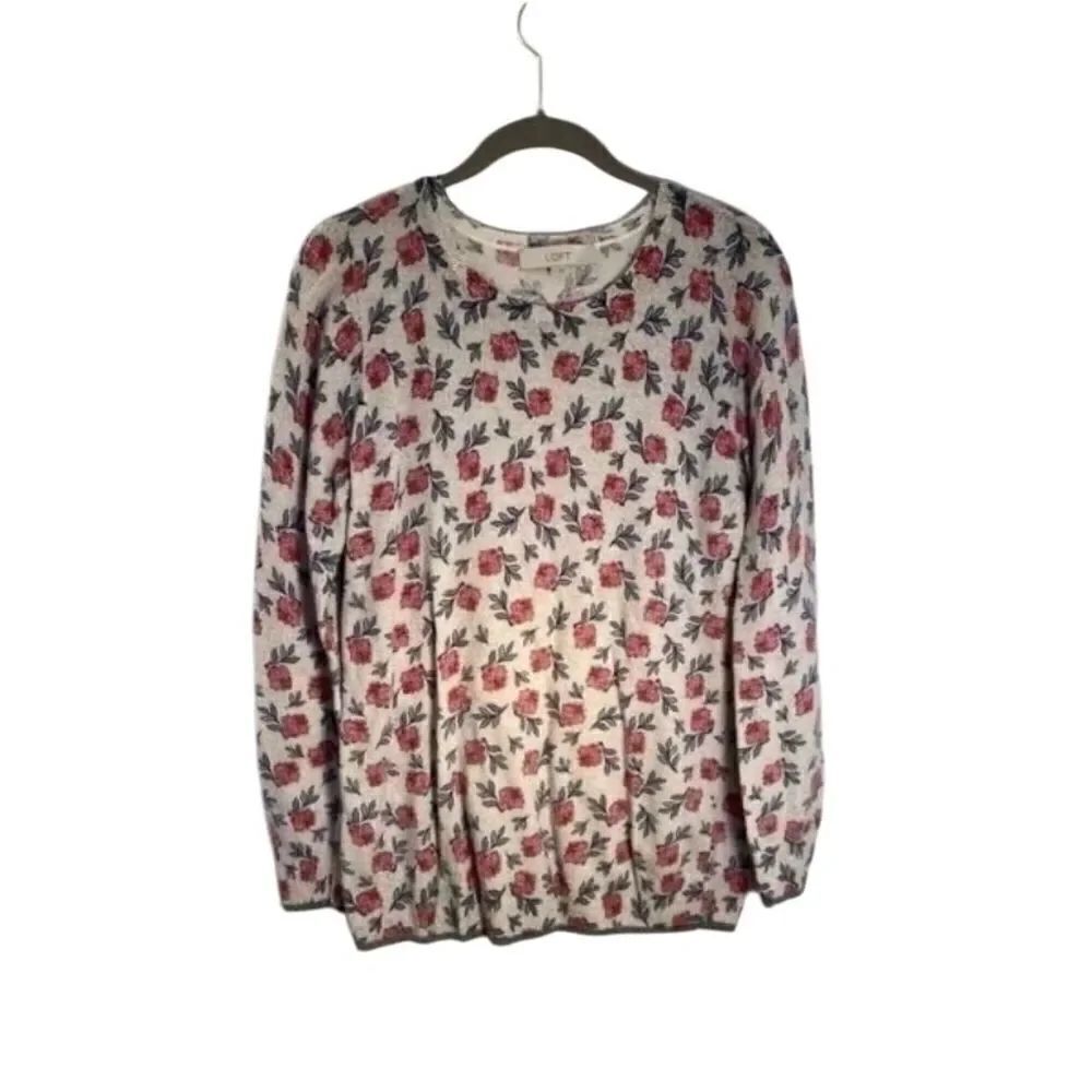 Loft floral Rose print gray wool blend, sweater, size medium